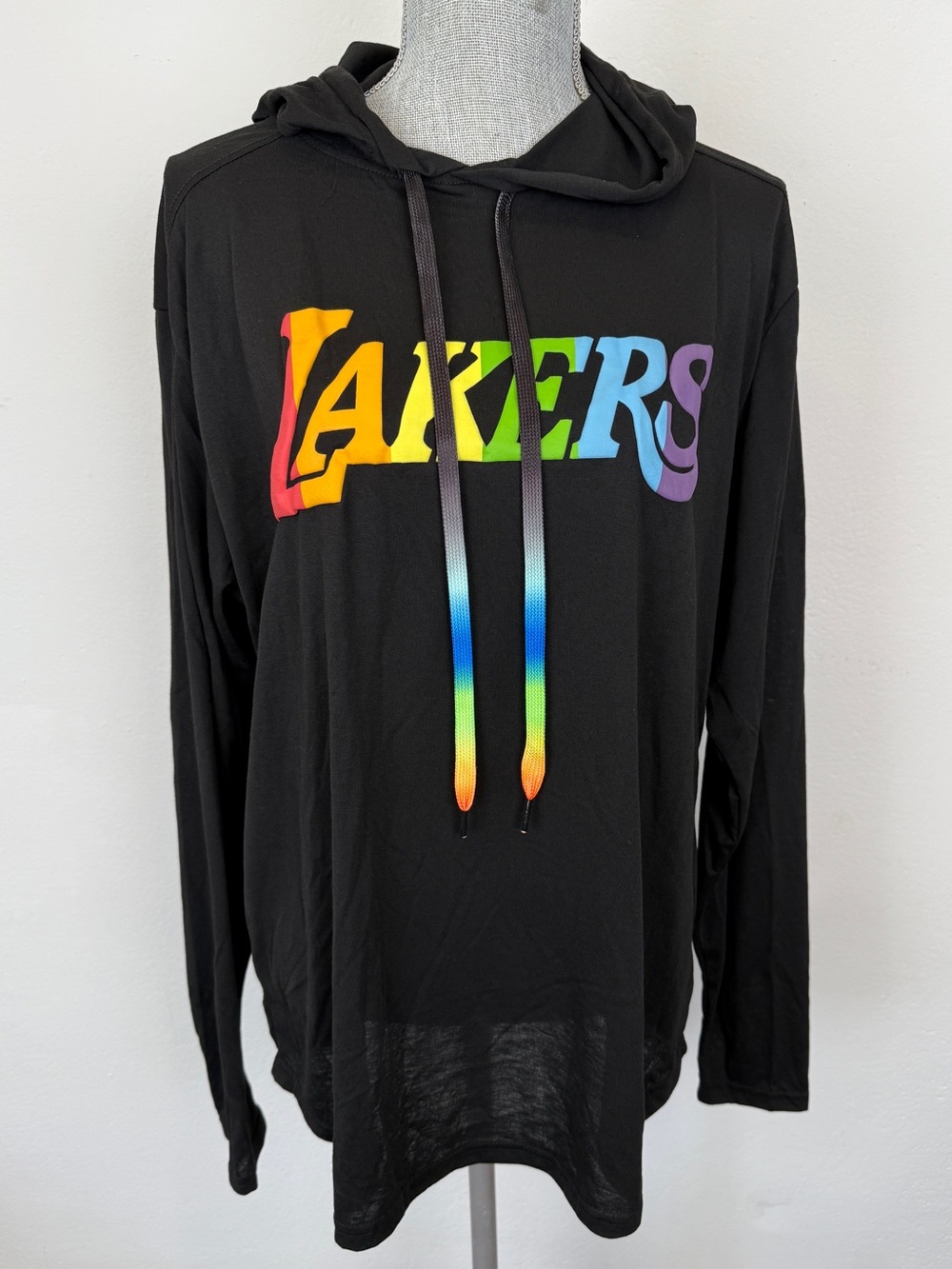 Los Angeles Lakers Size XL Rainbow Pride Logo Black Hooded Long Sleeve Tee